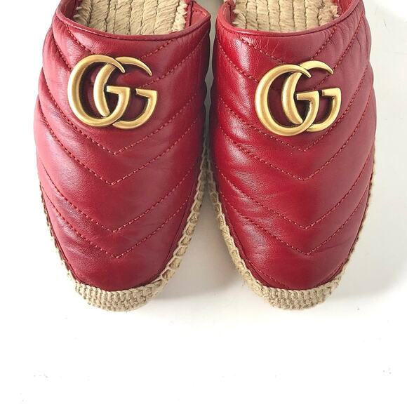 Gucci Marmont GG Hibiscus Red Leather Slip On Mules Espadrille Flats 37 - Picture 4 of 11